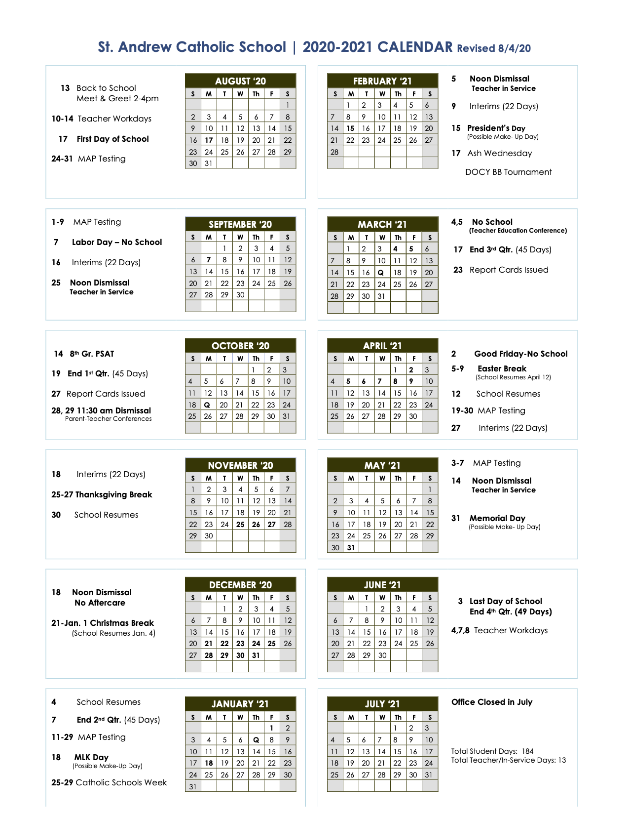 School Calendar St Andrew Catholic School
