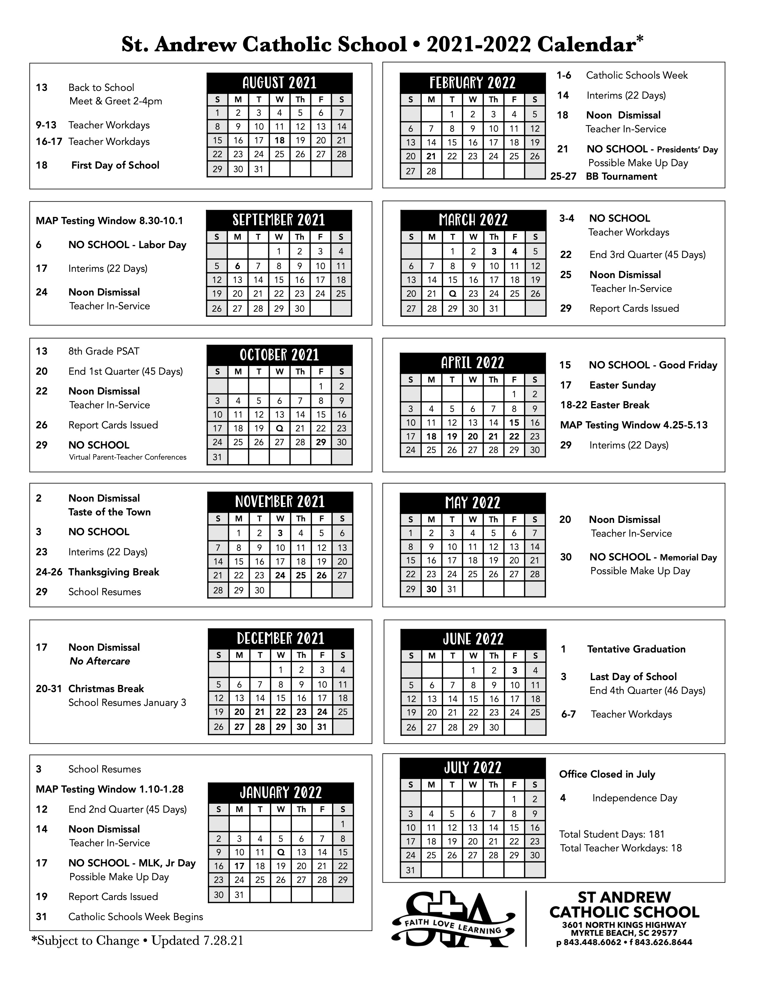 Yearly School Calendar St. Andrew Catholic School