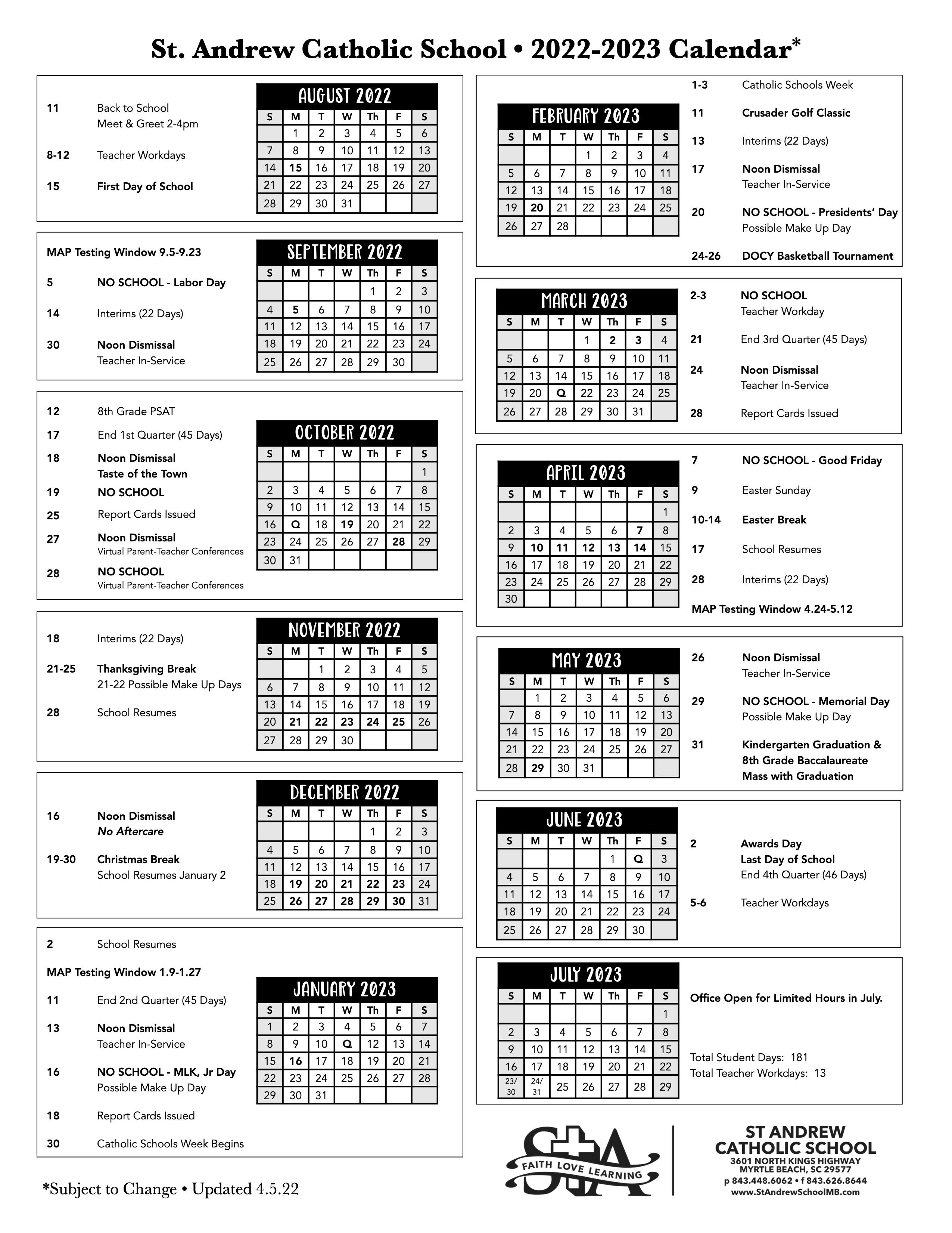 Yearly School Calendar St. Andrew Catholic School